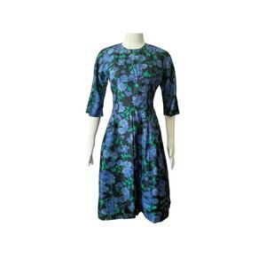 1950s Mari Original Black Blue & Green Floral Fit Flare Knee Length Party Dress